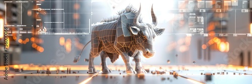 cybernetic buffalo in a futuristic cityscape, symbolizing power and technological advancement; Concept of strength and innovation