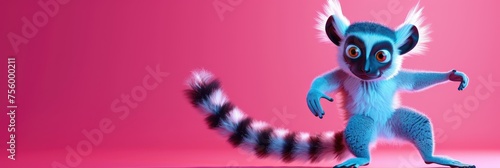 Animated lemur with lively expression dancing on a vivid pink background  Concept of joy and playful energy