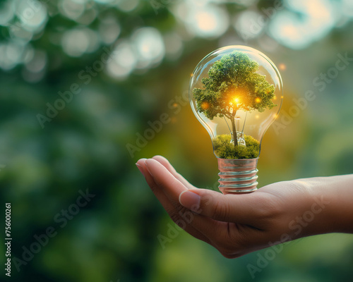 A bright idea for sustainability: hands cradling a light bulb with a lush tree, illustrating eco-innovation, renewable energy, and environmental stewardship