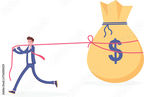 Businessman pulling a big money bag, Money under control, illustrator vector cartoon drawing

