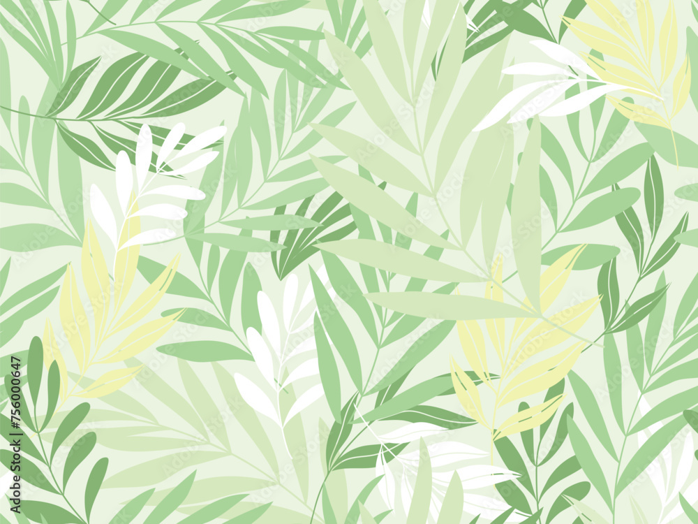 Fototapeta premium Abstract botanical art green background vector. Natural hand drawn pattern design with leaves branch collage. Design for fabric, print, cover, banner, wallpaper.