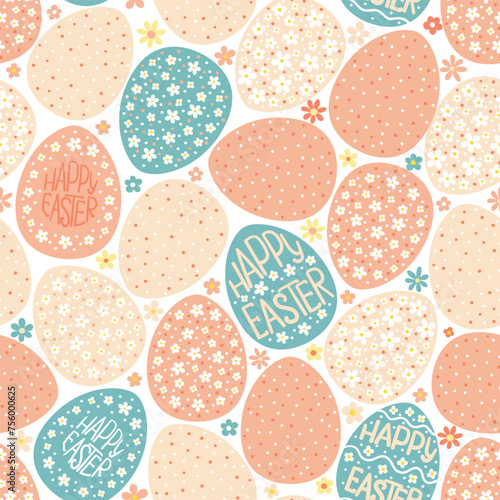 Easter Eggs. Seamless background of vector illustrations colored Easter eggs. Hand-drawn design of Spring greeting card. 