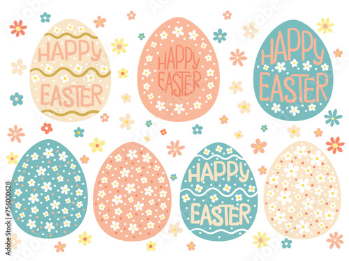 Easter Eggs. Set of vector illustrations colored Easter eggs. Hand-drawn design of Spring greeting card.