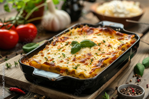 delicious, traditional, Italian lasagna with minced meat and Bolognese sauce in a baking dish. ingredients for making lasagna.