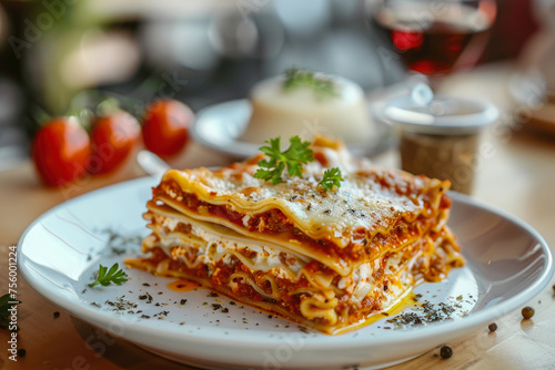 piece of traditional Italian lasagne on a white plate with minced meat, basil, Bolognese sauce in a restaurant.