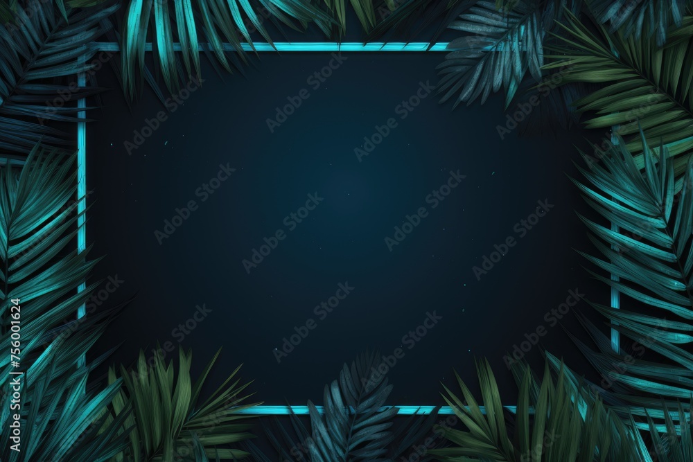 Blue neon frame surrounded by palm branches. Glowing neon border. Jungle summer disco party. Exotic design for card, banner, poster, fyer - obrazy, fototapety, plakaty 