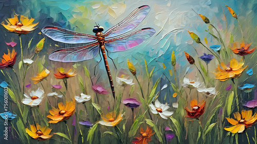delicate beautiful wildflowers in the meadow and dragonfly painted with oil paints. bright summer background.