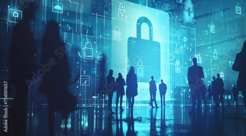 A group of business people stand in front, their silhouette in a double exposure with digital security symbols and a padlock on the screen Generative AI photo