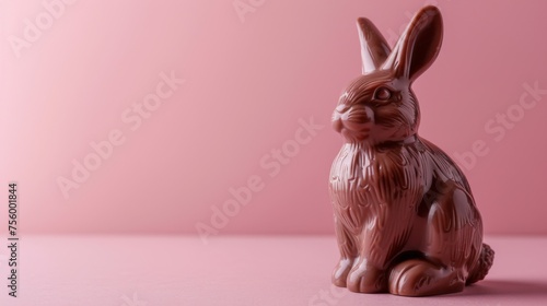 chocolate easter bunny decoration, isolated on pink background. luxury chocolate, easter holiday. delicious milk, dark chocolate bunny.