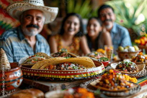 Mexican family celebrating and eating together at the table full of Mexican food. AI generative