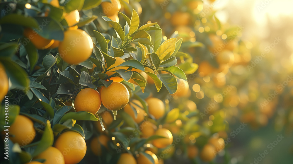 Bright ripe tangerines on a branch overlooking a sunset mountain landscape, orchards and fruit plantations
