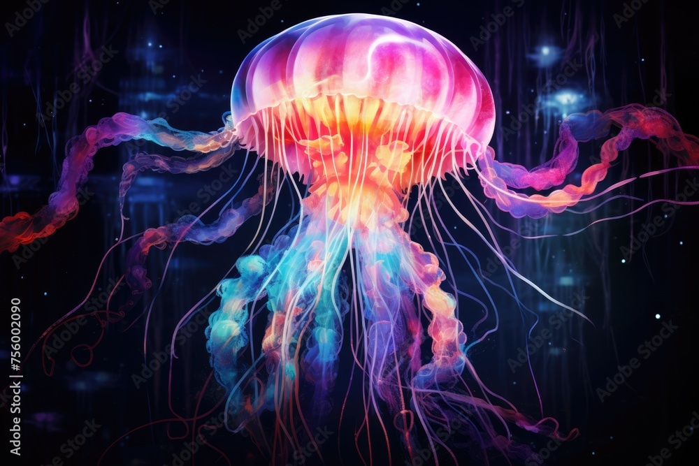 Colorful jellyfish swimming underwater. Aurelia jelly fish on blurred dark background. Beautiful marine life, save ocean. World ocean day - obrazy, fototapety, plakaty 