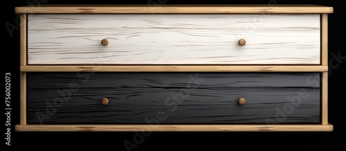 A wooden dresser made of hardwood with two drawers, in a black and white color scheme, displayed on a black background