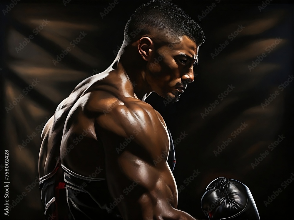 A portrait of a boxing player against a black background, capturing the contrast between light and shadow as they stand poised for battle. 