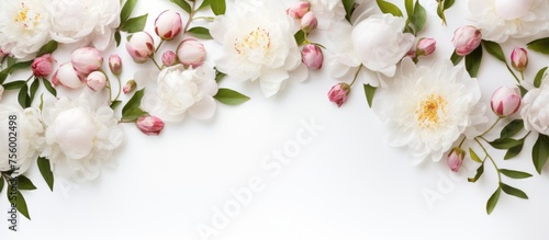 A beautiful arrangement of white flowers with pink buds and green leaves on a white background, perfect for a floral design or still life photography © 2rogan