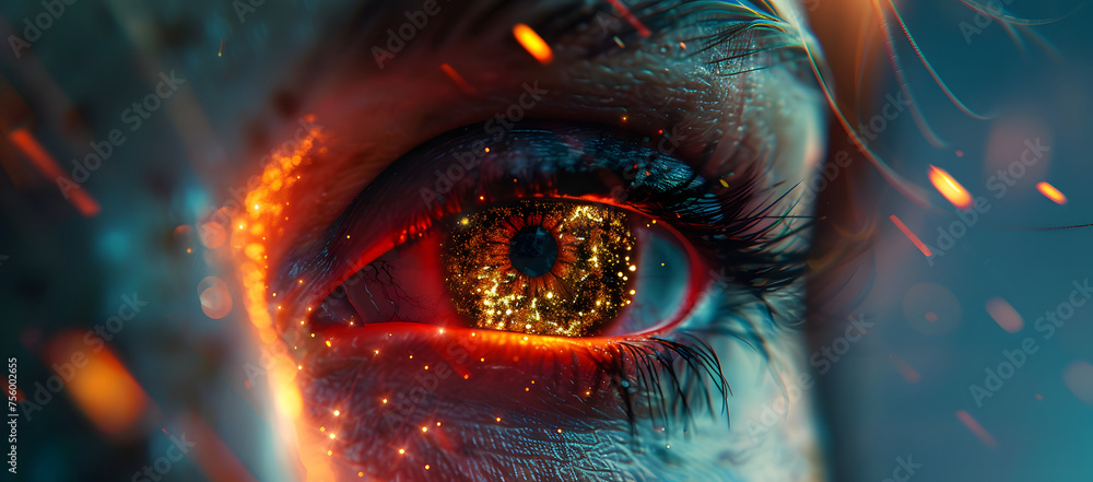 A mesmerizing close-up of a woman's eye, adorned with stars, glowing light, and ethereal aether clouds, creates a captivating cosmic wonder and a sense of ethereal beauty. A mesmerizing close-up of a woman's eye, adorned with stars, glowing light, and ethereal aether clouds, creates a captivating cosmic wonder and a sense of ethereal beauty.