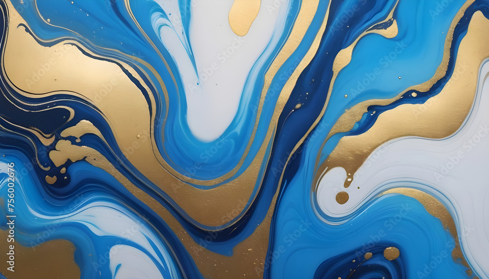 Hand painted background with mixed liquid blue and golden paints. Abstract fluid acrylic painting. Modern art. Marbled blue abstract background. Liquid marble pattern