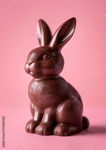 chocolate easter bunny decoration, isolated on pink background. luxury chocolate, easter holiday. delicious milk, dark chocolate bunny.