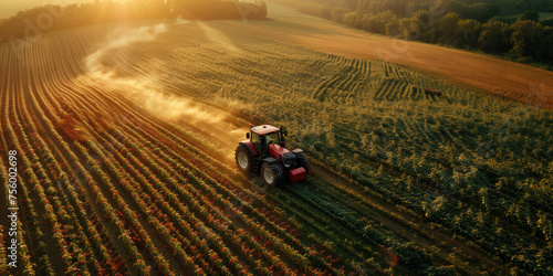 Golden sunset over a vast farm field with a red tractor working amidst the orderly rows of crops.