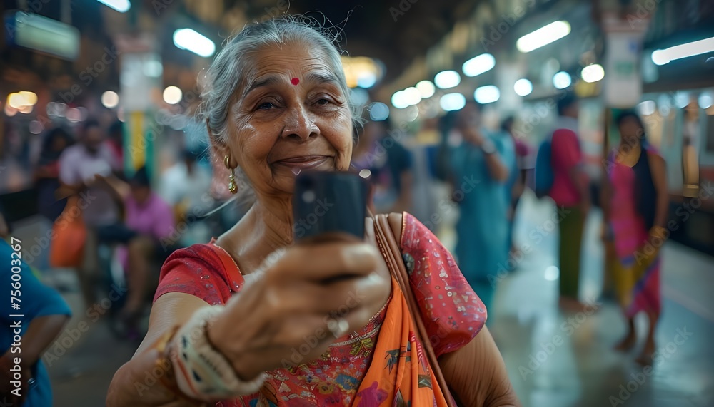 Elderly Indian woman taking a selfie at a train station - obrazy, fototapety, plakaty 