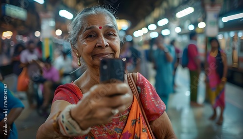Elderly Indian woman taking a selfie at a train station © Alejandro Morón