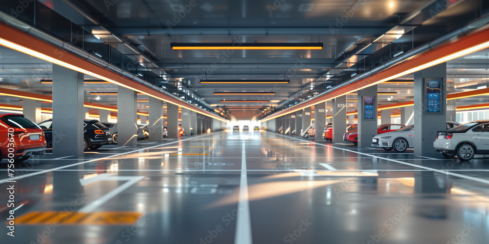 Symmetrical perspective of a modern multi-story parking garage with vibrant orange lights and parked cars.
