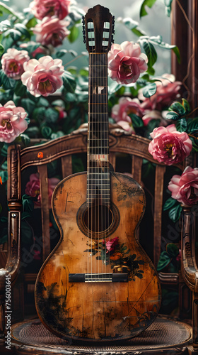 A guitar rests on a wooden chair with pink roses, surrounded by natures beauty