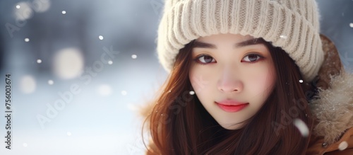A woman with a hat and scarf standing in the snow, her nose and lips rosy, a smile playing on her lips, eyelashes fluttering in the cold wind