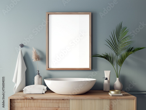 An Empty Wooden Frame Mockup Hanging on the Wall above Modern Bathroom Cabinet with White Sink and Palm Plant