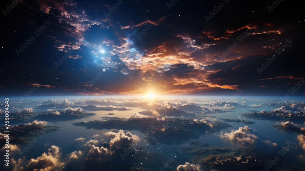 Fototapeta premium view of planet earth from space, nature, continents, landscape, sky, blue, beauty, ocean, air, geography, science, universe, atmosphere, world