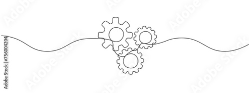 Moving gears one continuous editable line. Circular dynamic wheels , template for business collaboration concept. Single line vector illustration of gear wheels gears