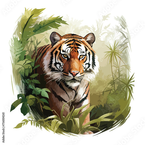 A majestic tiger prowling through dense jungle