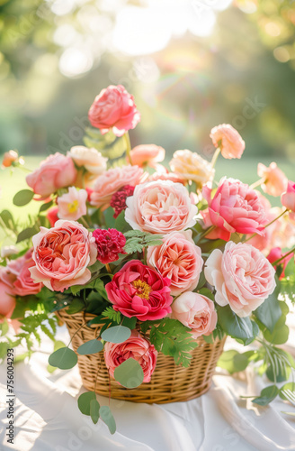 Wicker basket with a large bouquet of pink  red and purple roses.