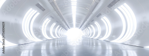 Empty 3D room with a white background, featuring a futuristic technology tunnel stage floor. Abstract space corridor with a silver road element creates a captivating and modern interior scene.