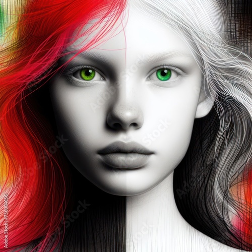 Nice combind black and white painted draw portrait of young redhead girl with green eyes close up maked with artificial intelligence