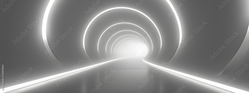Empty 3D room with a white background, featuring a futuristic technology tunnel stage floor. Abstract space corridor with a silver road element creates a captivating and modern interior scene. Empty 3D room with a white background, featuring a futuristic technology tunnel stage floor. Abstract space corridor with a silver road element creates a captivating and modern interior scene.