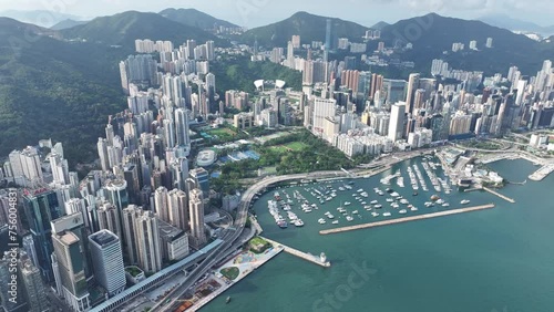 Aerial drone skyview of Hong Kong at Victoria Harbour Central Admiralty Wan Chai Happy Valley Tai Hang Causeway Bay Jardine s Lookout Wong Nai Chung Kowloon District photo