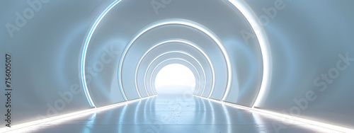 Empty 3D room with a white background, featuring a futuristic technology tunnel stage floor. Abstract space corridor with a silver road element creates a captivating and modern interior scene.