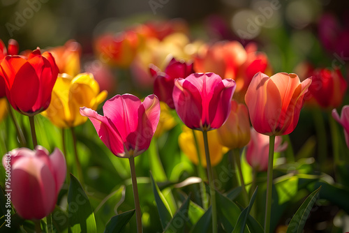 vibrant tulips blooming in a sunlit garden, their petals unfurling in shades of pink, red, and yellow