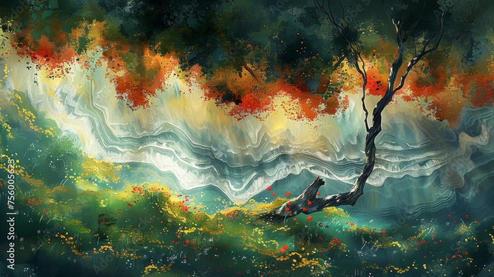 A painting of a tree sitting on top of some grass, AI