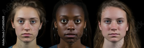 Composite portrait of serious young women from global ethnicities on gray background