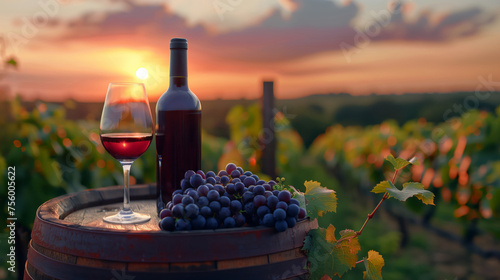 Romantic sunset with wine, grapes and appetizers with mountain landscape, gardens and vineyards on the background