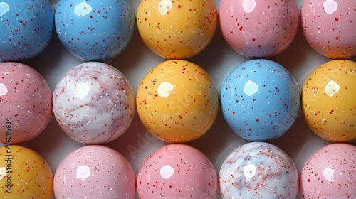 A bunch of colorful eggs with dots on them are lined up, AI