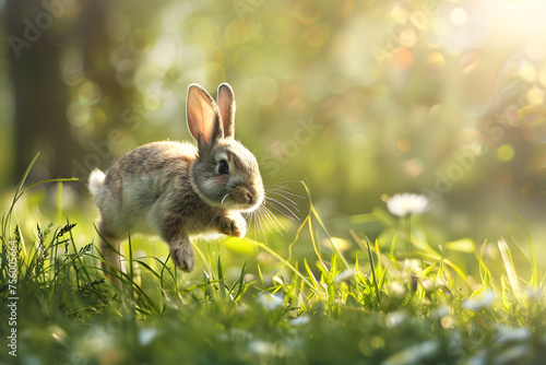 a cheerful bunny hopping through a meadow, ears perked up with excitement as it explores its surroundings