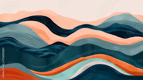 Abstract wavy background with peach, navy and teal colors