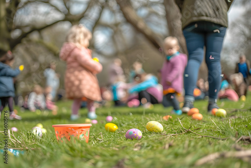  a community Easter egg hunt in a local park, with families gathering to search for hidden eggs and enjoy festive activities