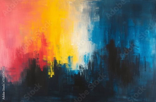 Vibrant Abstract Painting of Yellow  Red  Blue  and Black Colors on a Dark Background