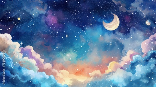 Colorful cosmic sky with a moon, stars, and fluffy clouds. Watercolor illustration.