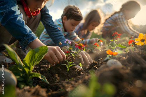 a family planting flowers in their garden as part of their Easter tradition, with each member eagerly digging in the soil and tending to the plants photo