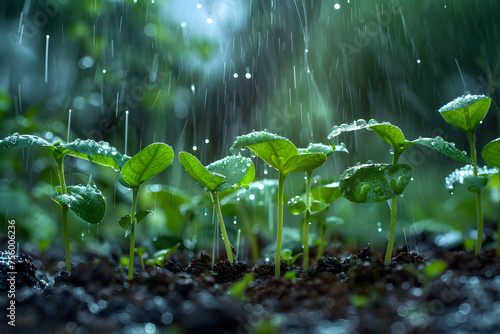 a gentle rain shower falling on newly sprouted leaves, nourishing the earth and bringing renewed life to the landscape